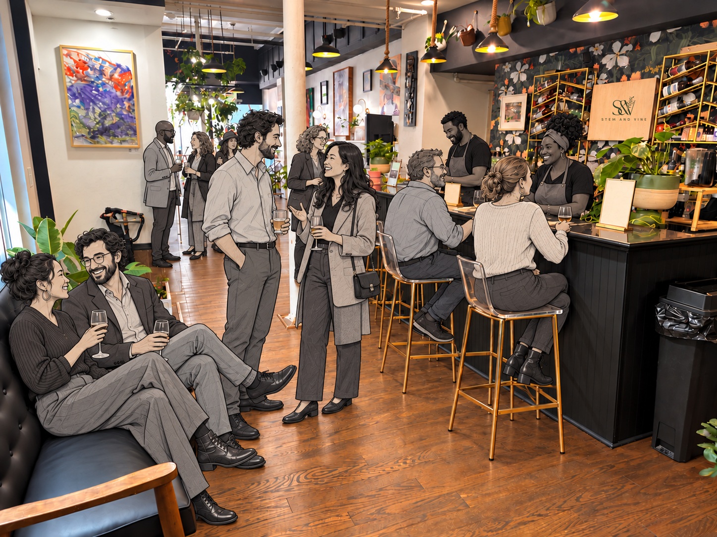 The real Stem & Vine Botany Bar with diverse grayscale illustrated reception guests and Black bartenders