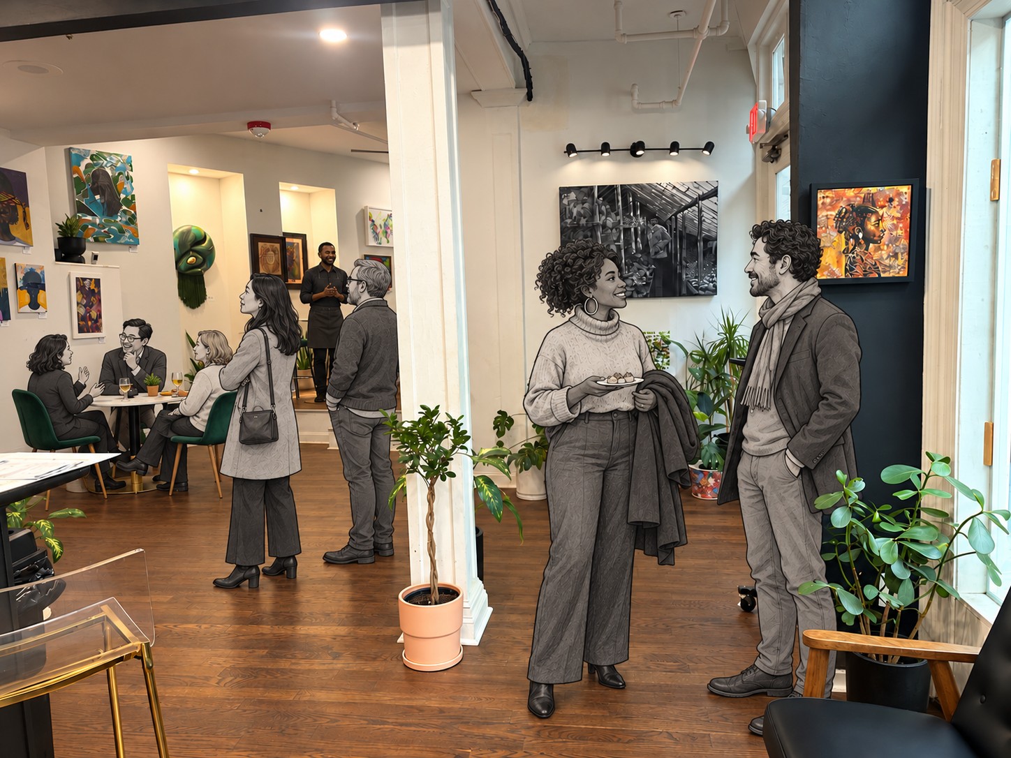 An authentic view from the Botany Bar toward the Gallery, with original wood floors, art and plants