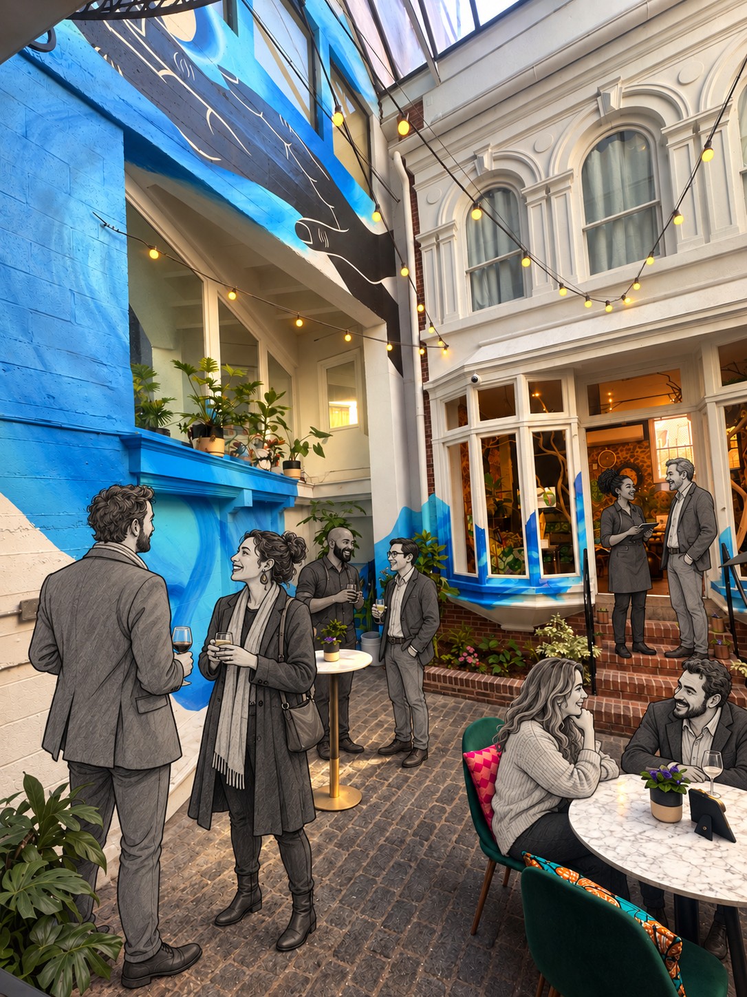 The actual Courtyard with its large hand mural clearly visible above the original blue walls and brick floor