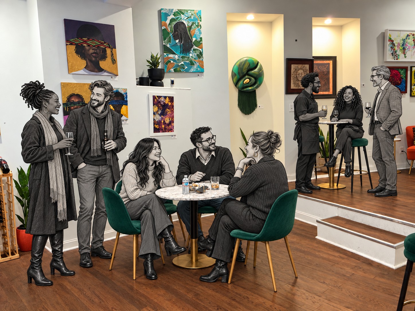 Actual Stem & Vine Gallery with original artwork and orange seating