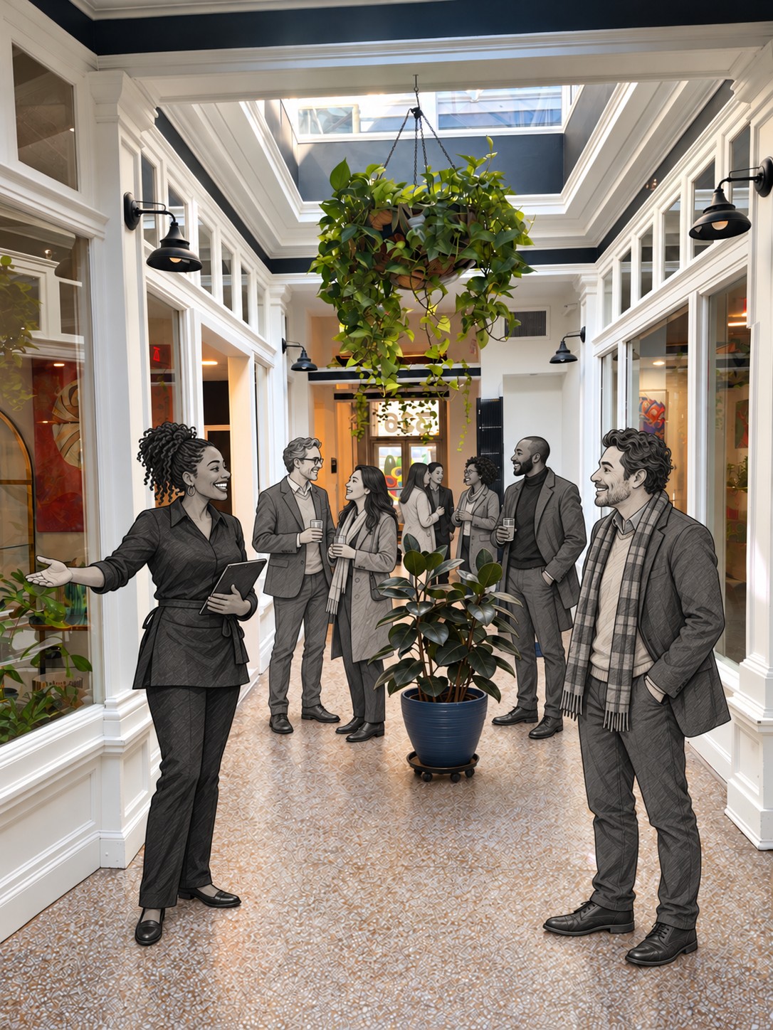 Actual plant-lined Hallway at Stem & Vine, with original glass-fronted rooms and skylights