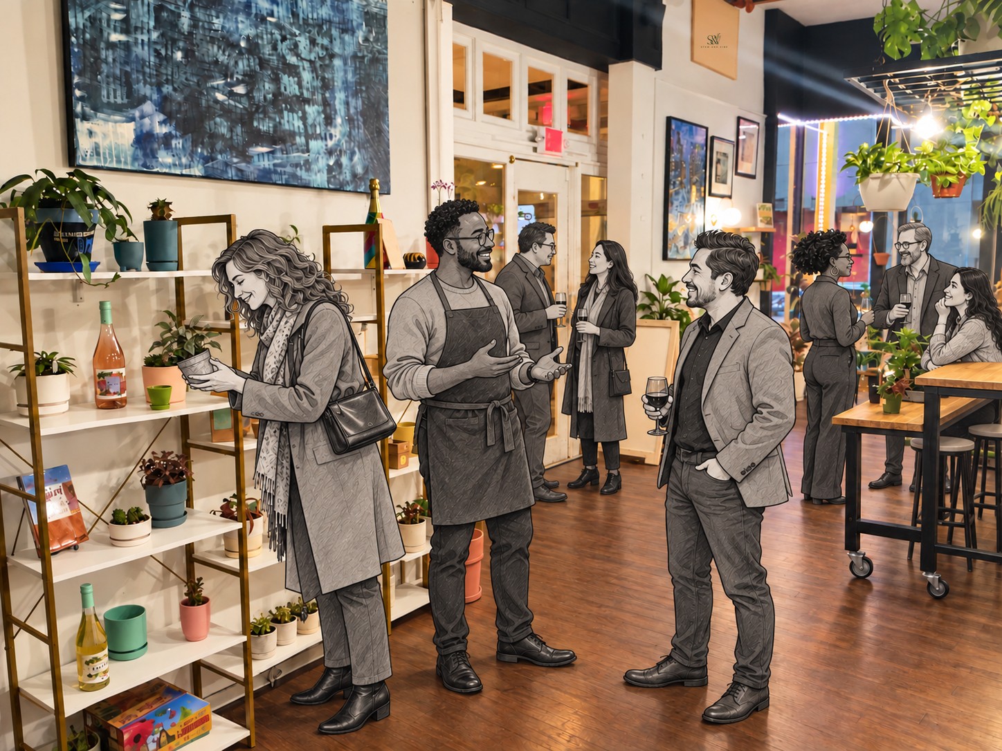 Actual Stem & Vine botanical retail shelves, houseplants, artwork and original wood floor