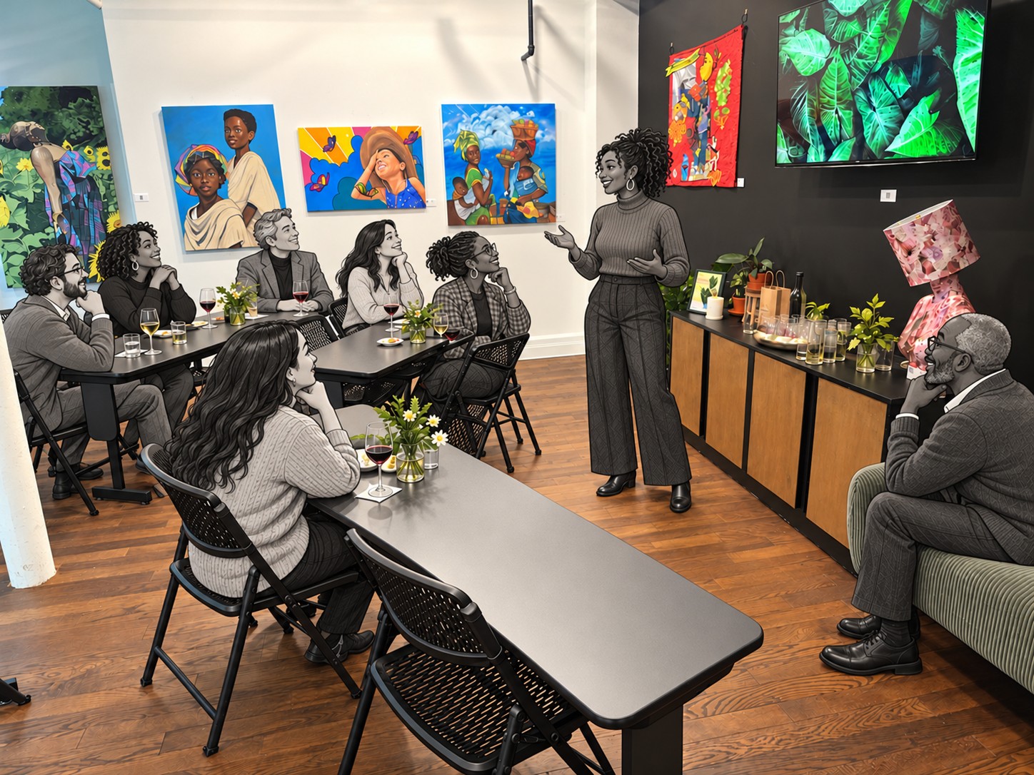 The actual STEM Room, original art and seating, with grayscale illustrated colleagues and a Black host